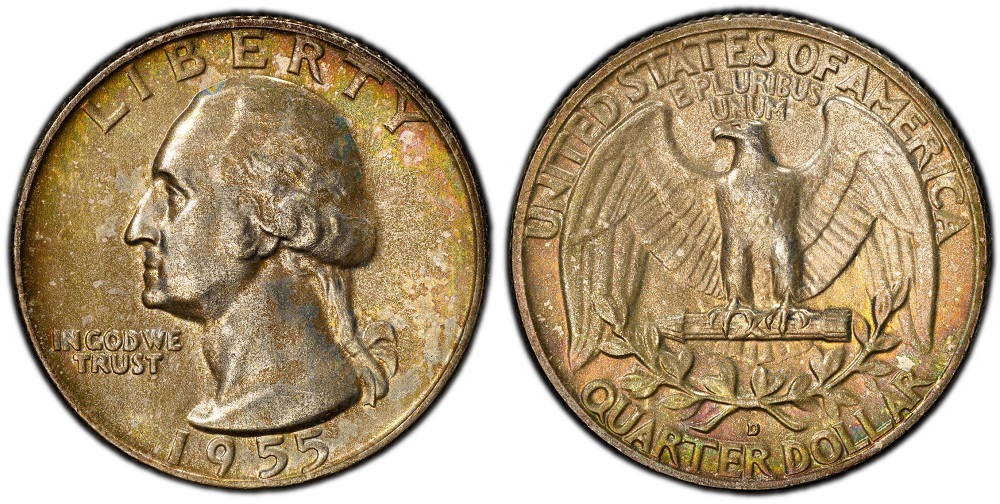 Side-by-side comparison of 1955-P and 1955-D Washington quarters showing mint mark location on reverse