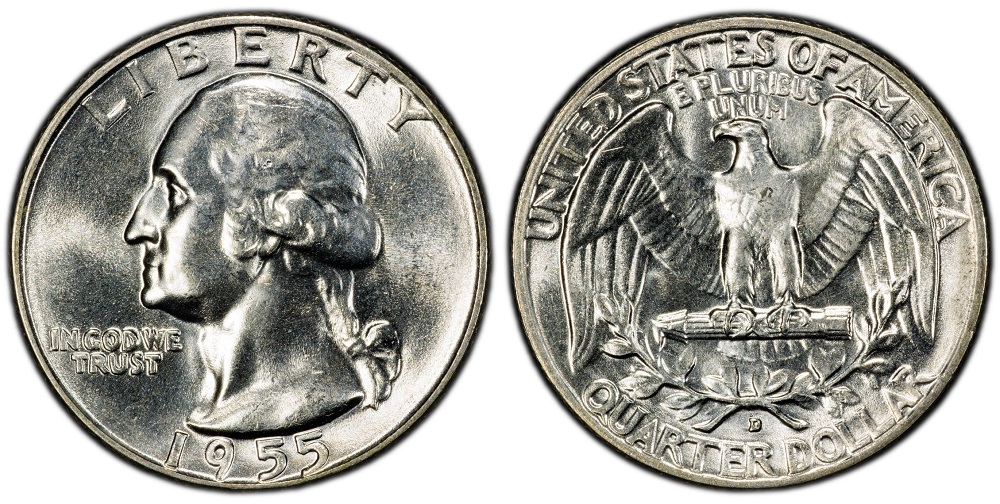 1955-D Washington quarter RPM error showing secondary D mint mark under magnification