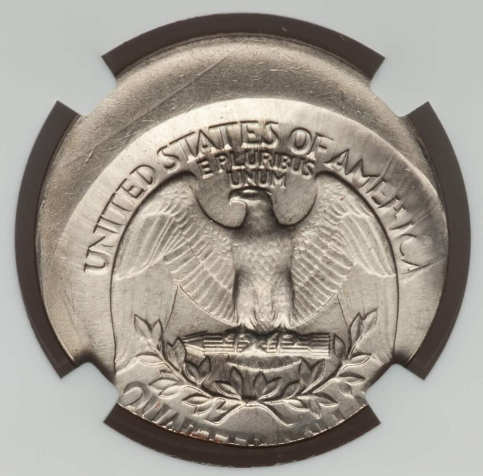 1955 Washington quarter off-center strike error showing shifted portrait with blank crescent visible