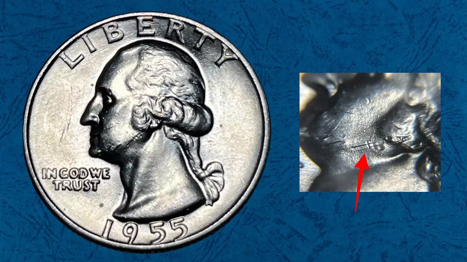1955 Washington quarter die cud error showing raised blank blob near the rim where die fragment broke away