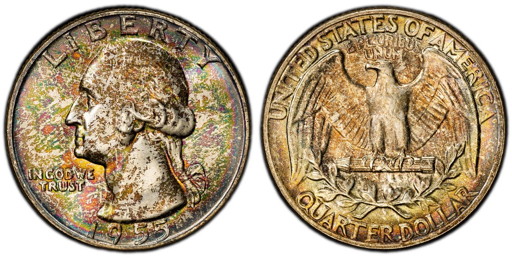 1955 Washington quarter grading strip showing four condition tiers from Good through Gem Uncirculated